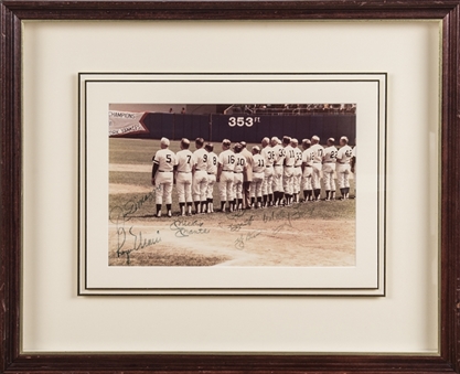 New York Yankees Old Timers Day Line Up Multi-Signed 8x12" Framed Photograph Including Mickey Mantle, Joe DiMaggio, Roger Maris, Yogi Berra, Whitey Ford and Phil Rizzuto (JSA)